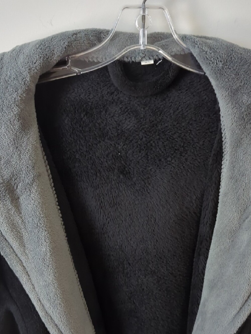 Black Hooded Plush Robe Coat with Gray Lining - Picture 2 of 4
